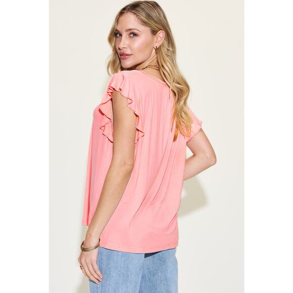 Basic Bae Blush Pink Bamboo Ruffle Notched V-Neck Short Sleeve Top Misses Size - Picture 3 of 4
